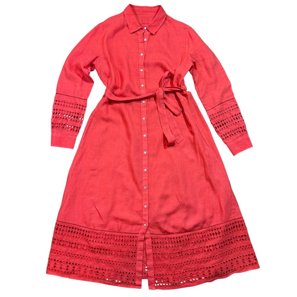 120% Lino Coral Bold Pink Linen Natural Fiber Italian Summer Eyelet Dress L / 48